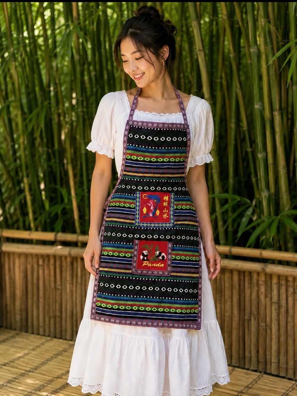 Woven and embroidered apron.